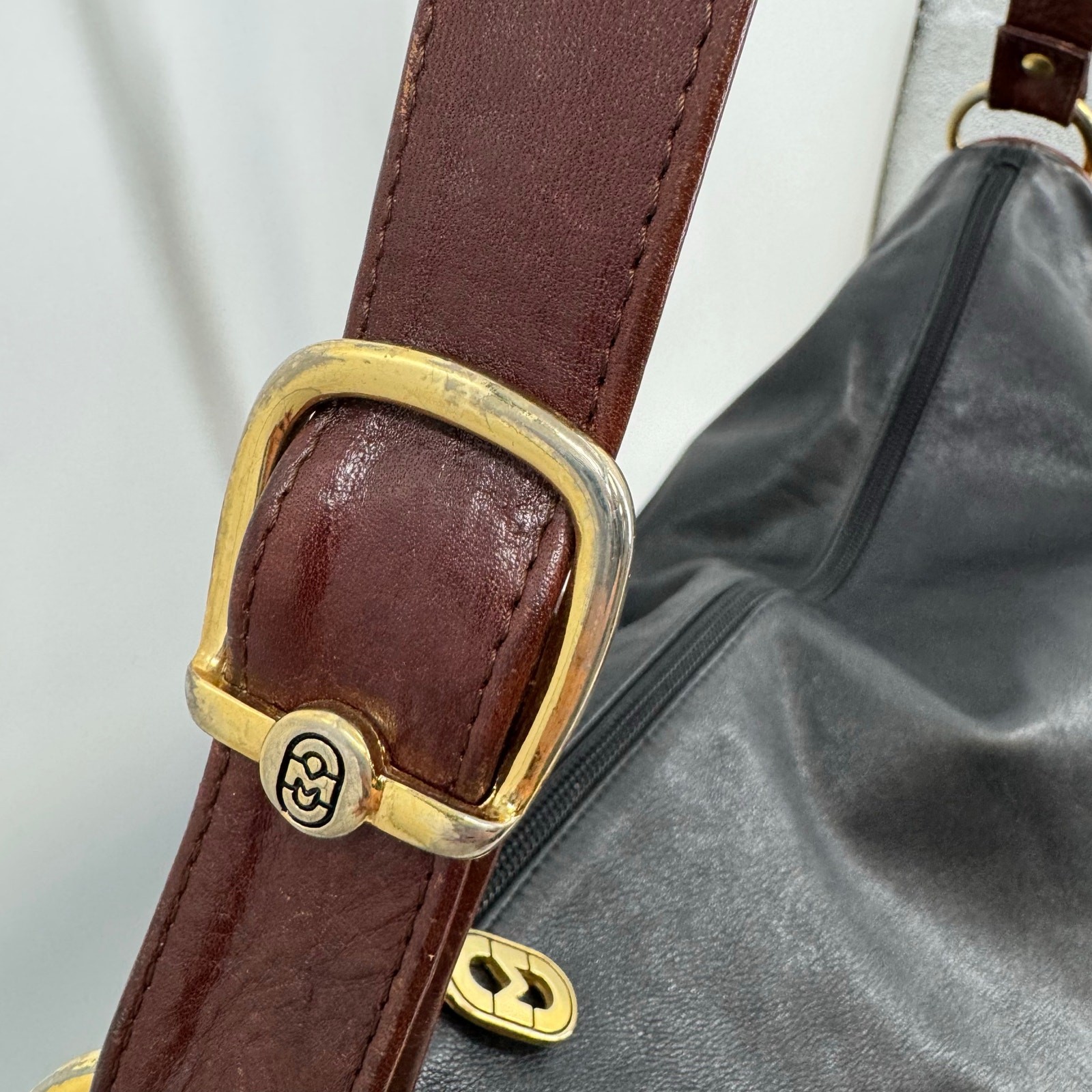Marino Orlandi Large Black Brown Leather Shoulder Bag Harness Italy Equestrian