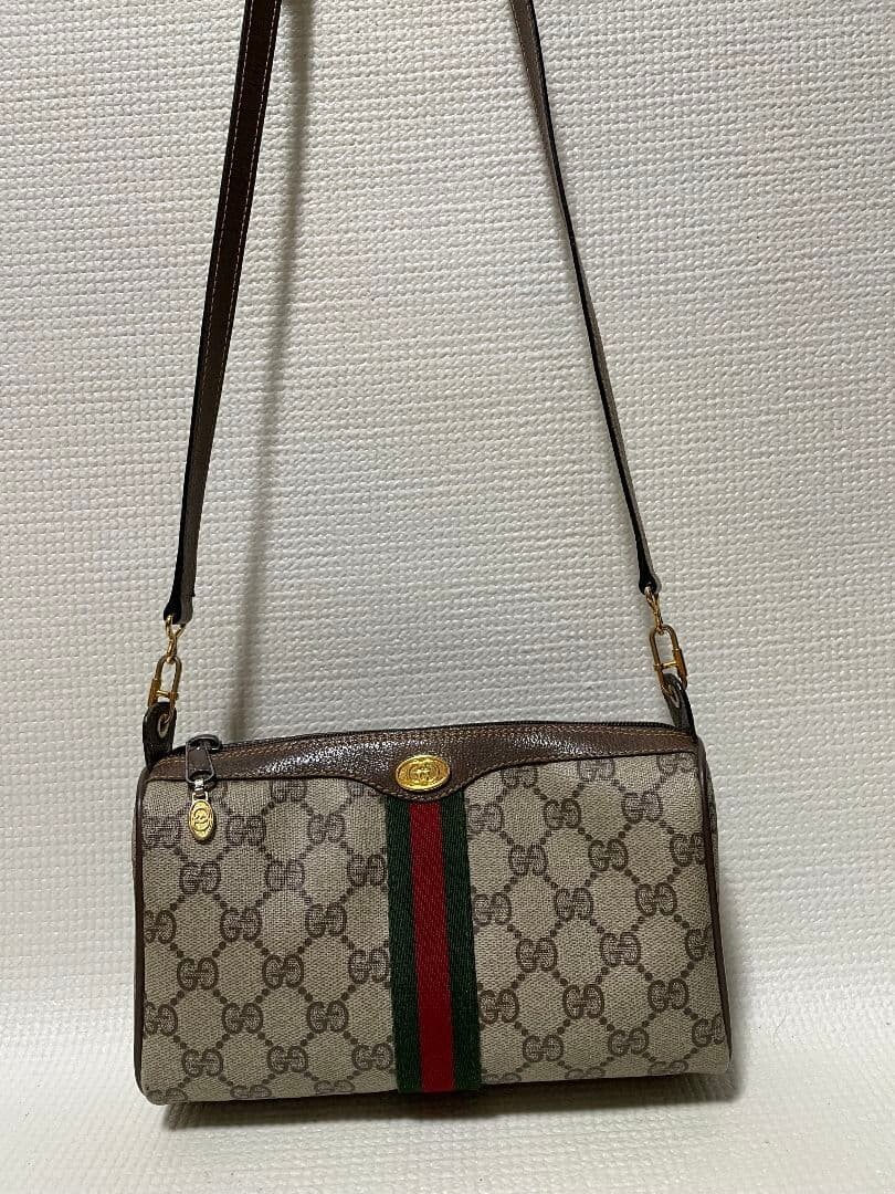 Gucci GG Canvas Leather Shoulder Bag Beige Brown Italy Crossbody Auth