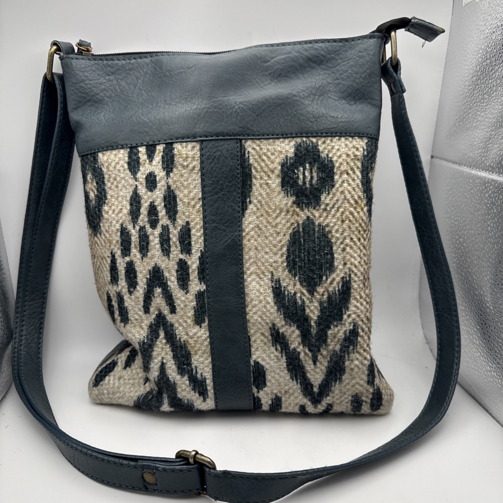 Mona B Cross City Crossbody Bag Boho Smoke Upcycled Canvas Leather Distressed