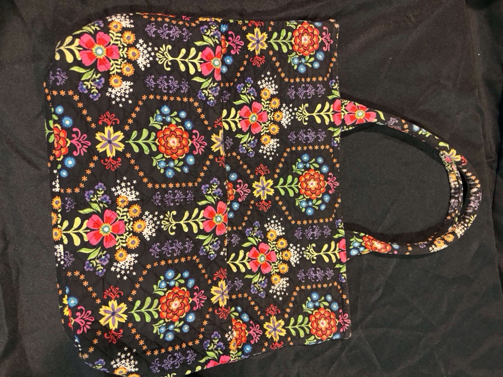 Quilted Floral Cotton Tote Bag Black Multicolor Shoulder Purse Travel Book Bag