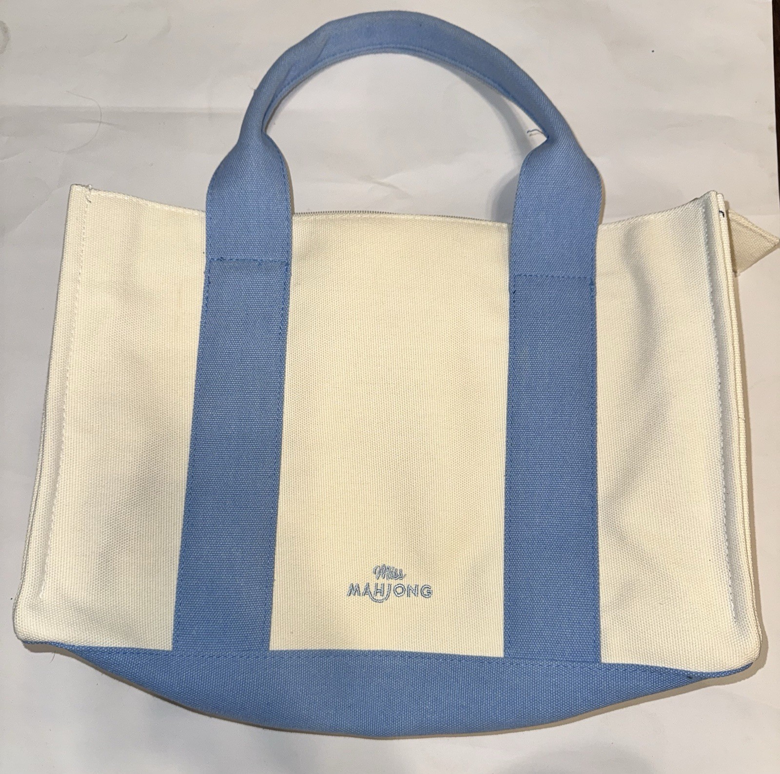 Miss Mahjong Cream/Blue Tote Bag Pink Lining Detachable Strap 15”x4”x12”
