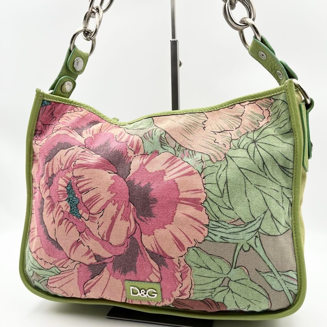 Dolce Gabbana Green Floral Chain Shoulder Bag Silver Metal Large Womens