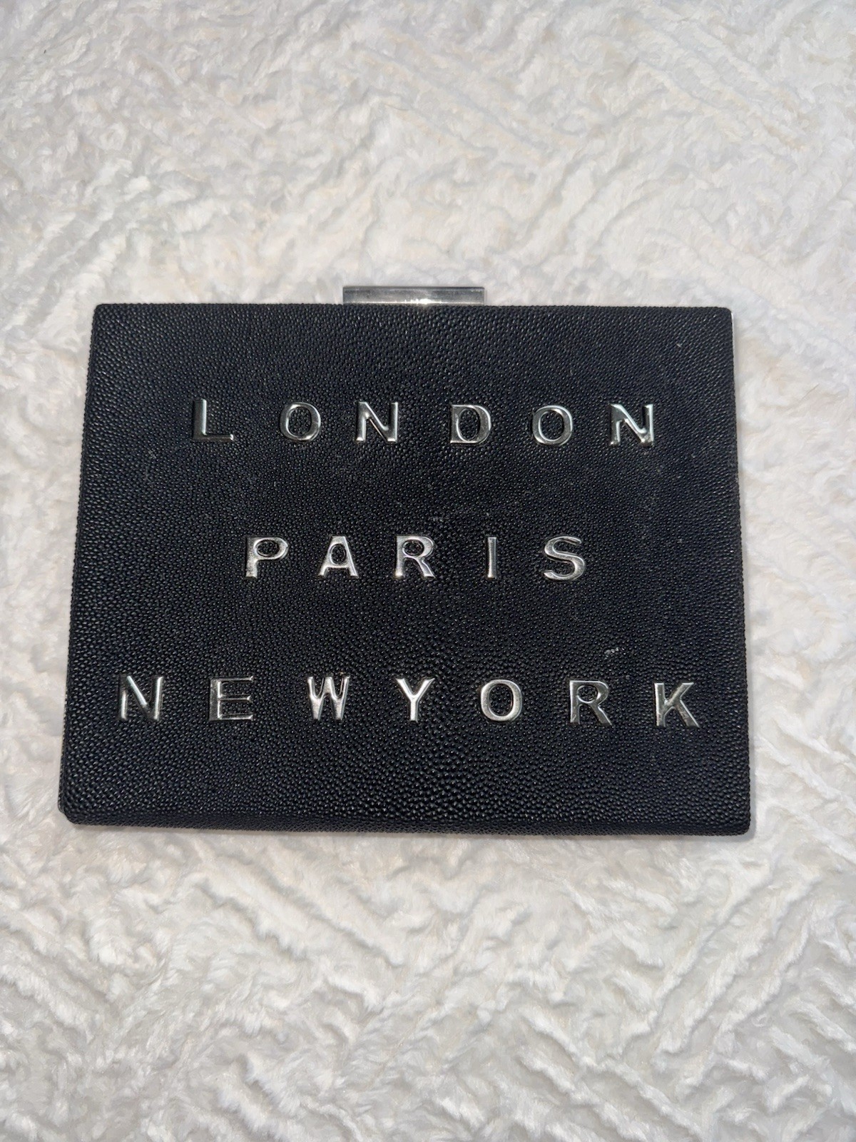 Embossed Black Clutch/Shoulder Bag with City Name Detail