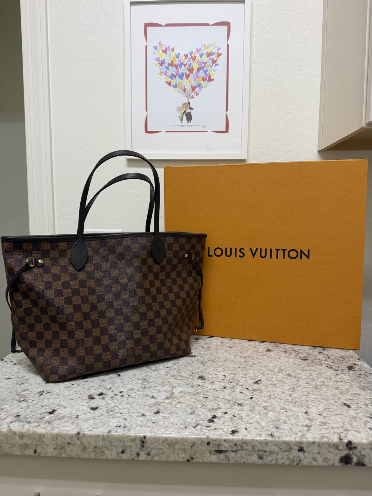 Louis Vuitton Neverfull MM Damier Ebene Rose Ballerine Full Set