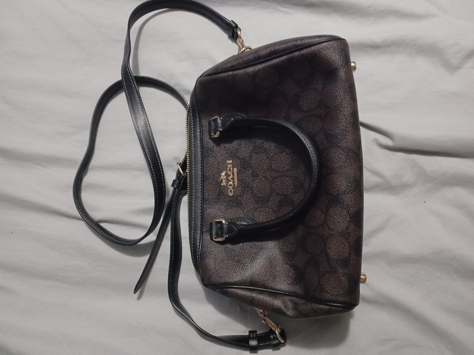 Coach Signature Logo Zip Top Satchel Top Handle Bag Brown Black Gold Hardware