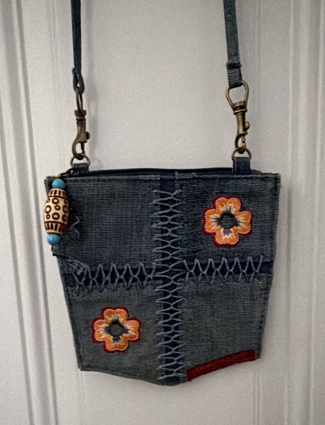 Hot Kiss Blue Small Crossbody Zip Floral Embroidered Lined Detachable Strap