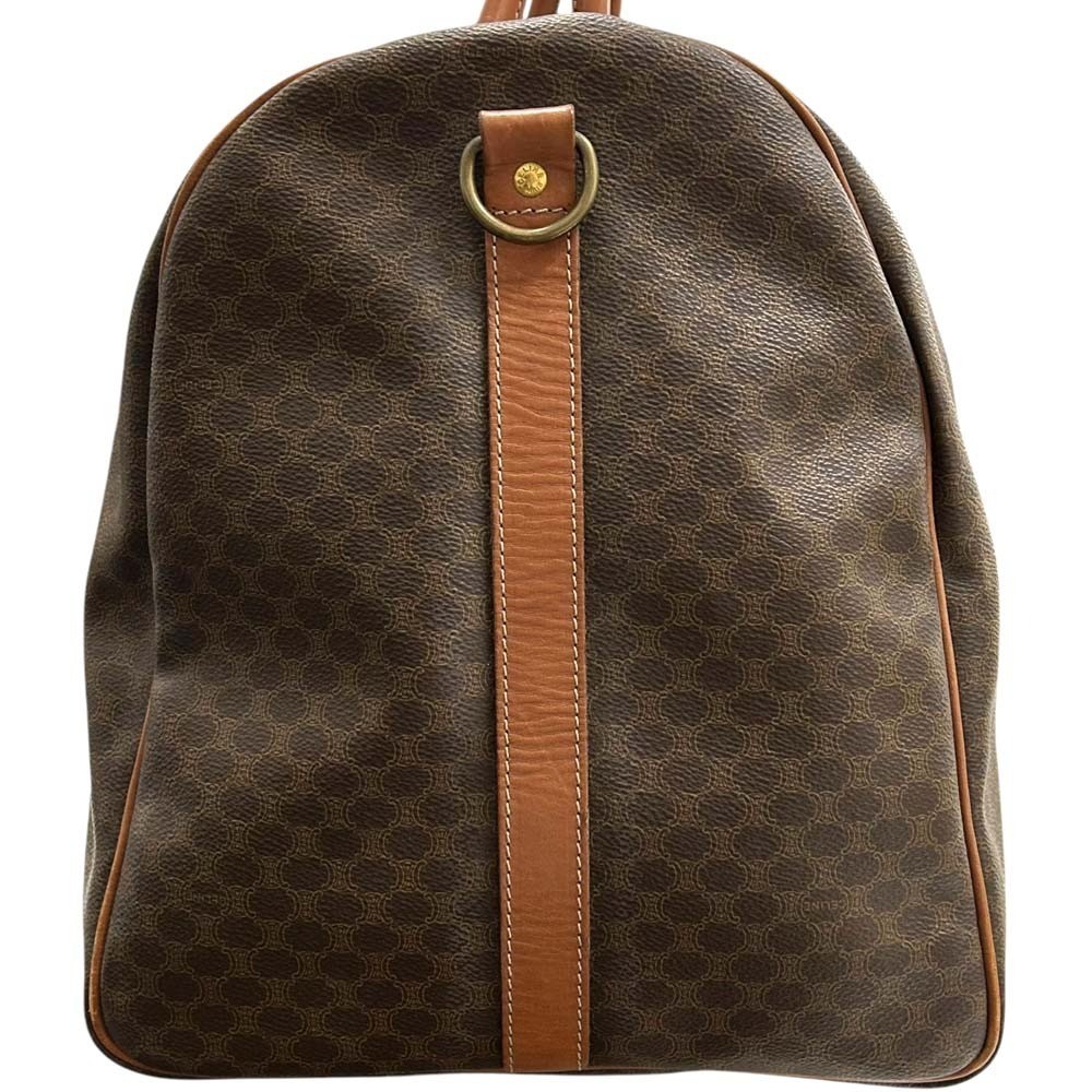 Auth CELINE Macadam Boston Bag Brown Leather Canvas Travel Gold w/Shoulder Strap