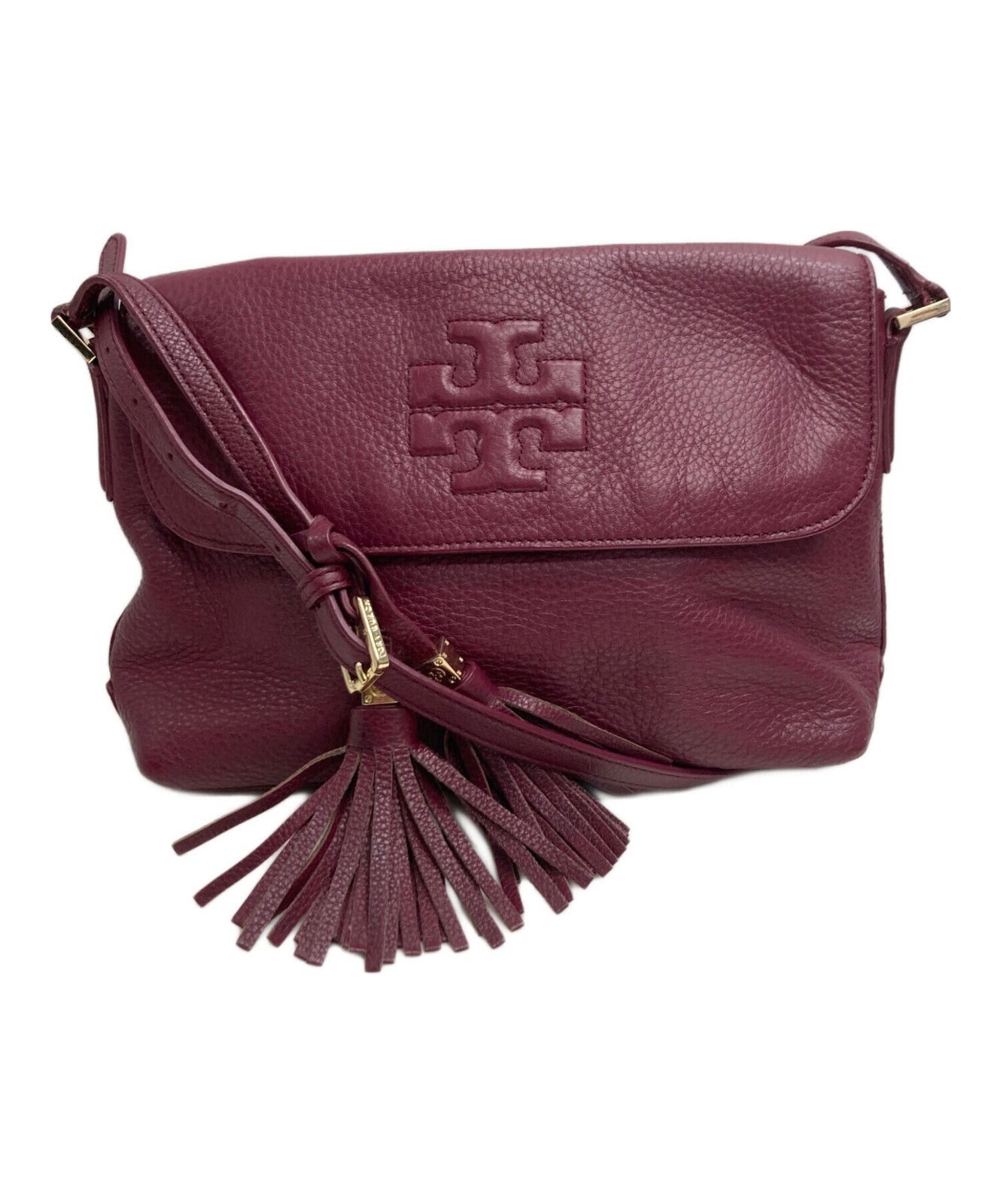 Tory Burch Red Leather Tassel Shoulder Bag Gold Hardware Women 26cm 21cm 9cm