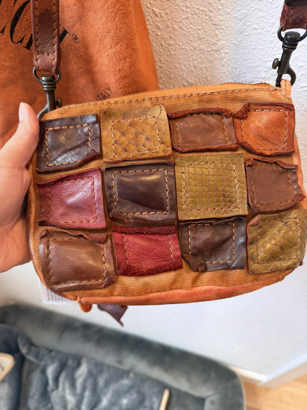 Caterina Lucchi Orange Brown Patchwork Leather Crossbody Mini Bag-Made in Italy