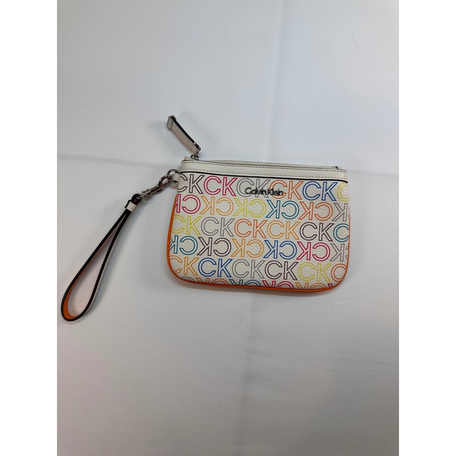 Calvin Klein Rainbow Monogram Wristlet White Multi Color Logo Zip Pouch Clutch