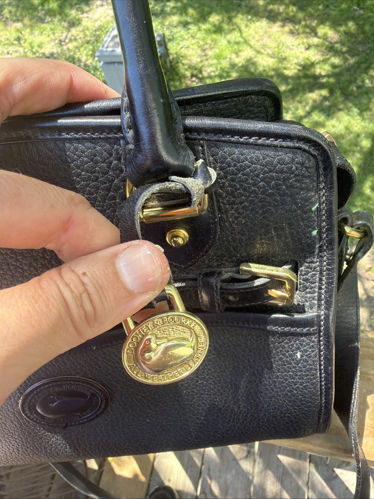 Dooney & Bourke Vtg Blk. Leather Satchel Bag with Gold Accents, Strap Missing