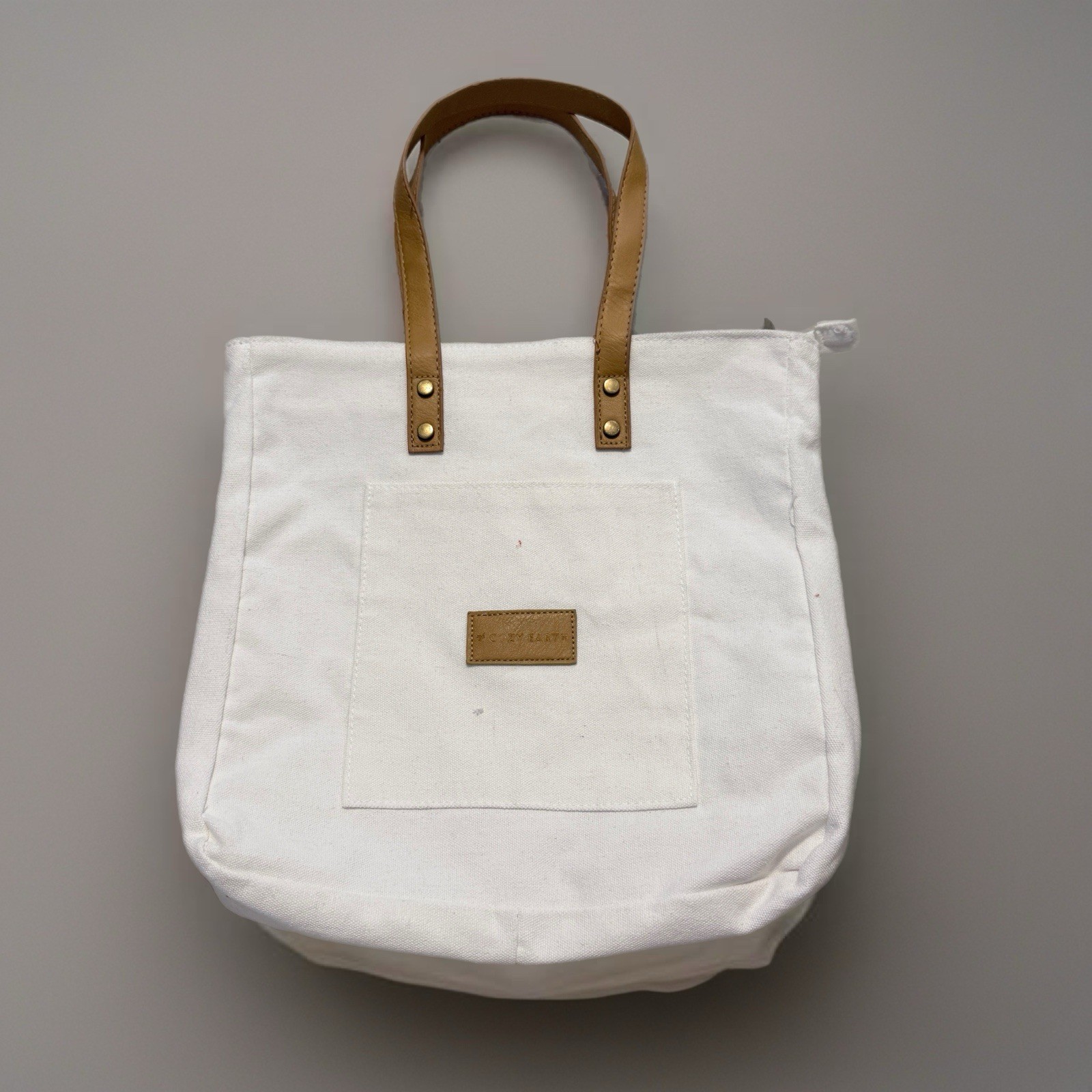 Cozy Earth Ivory Canvas Tote With Satin Lining & Front Pocket 13×13”