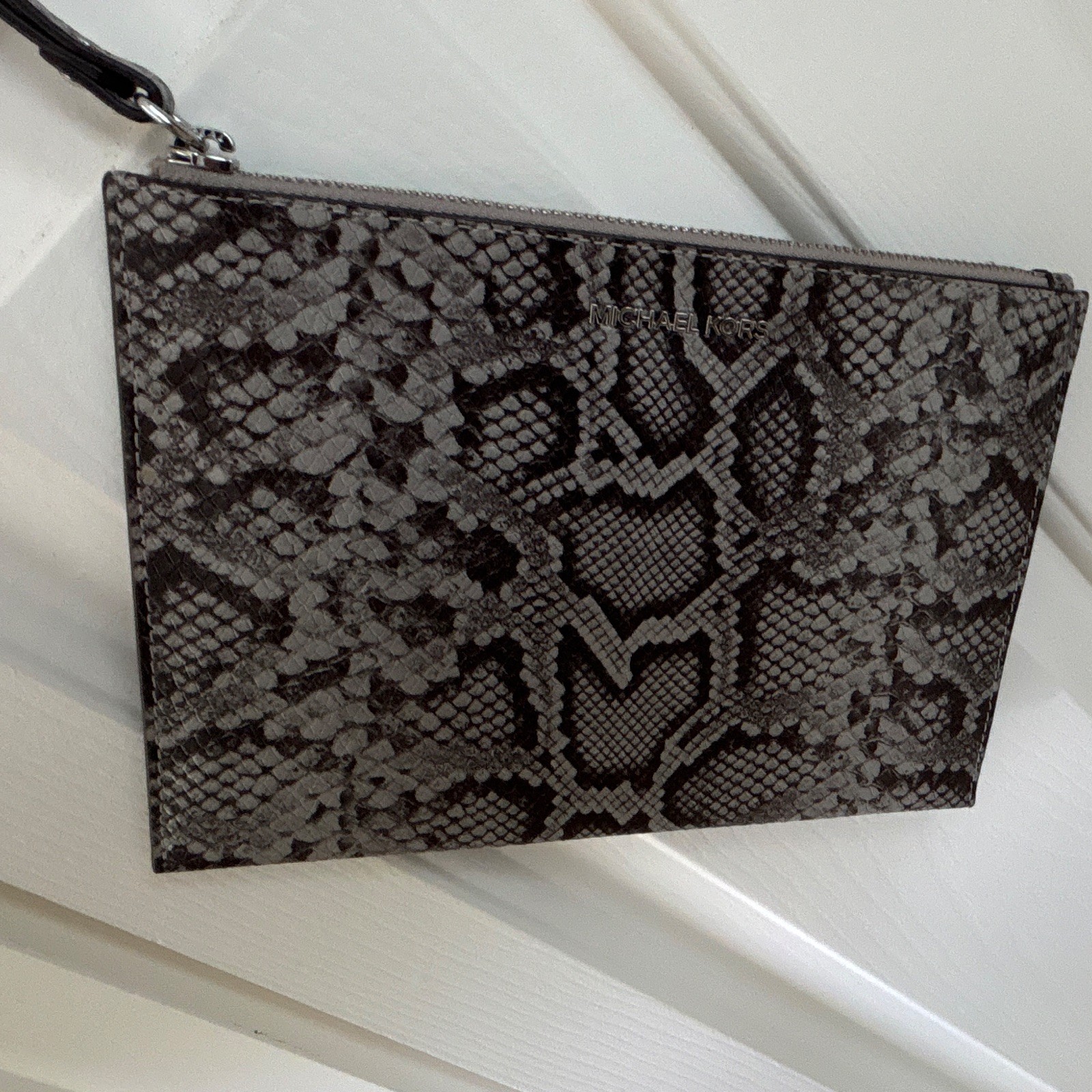 Michael Kors Women’s Large Gray/Black Snake Print Zip Wristlet Clutch