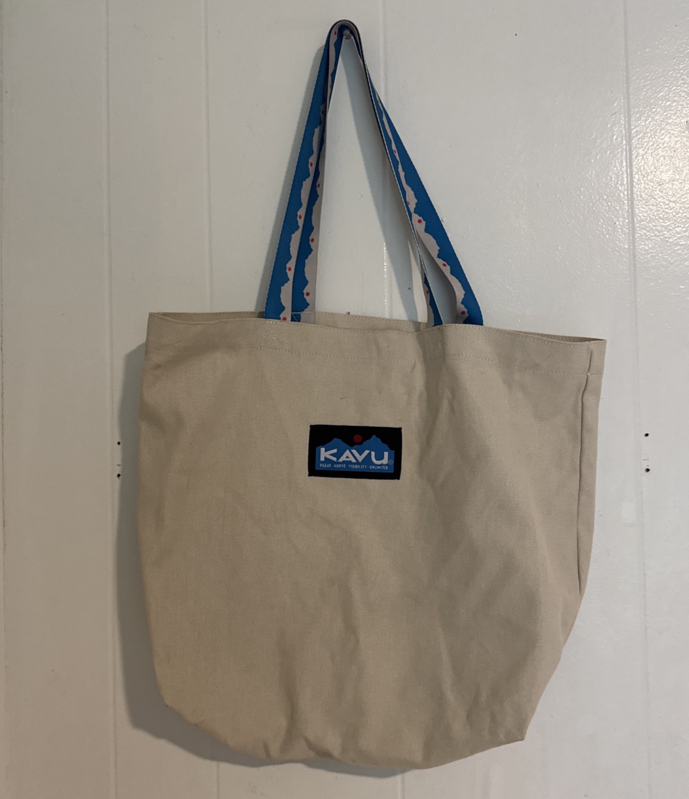 KAVU Typical Tote Bag Cotton Canvas Neutral Color Web Straps Blue