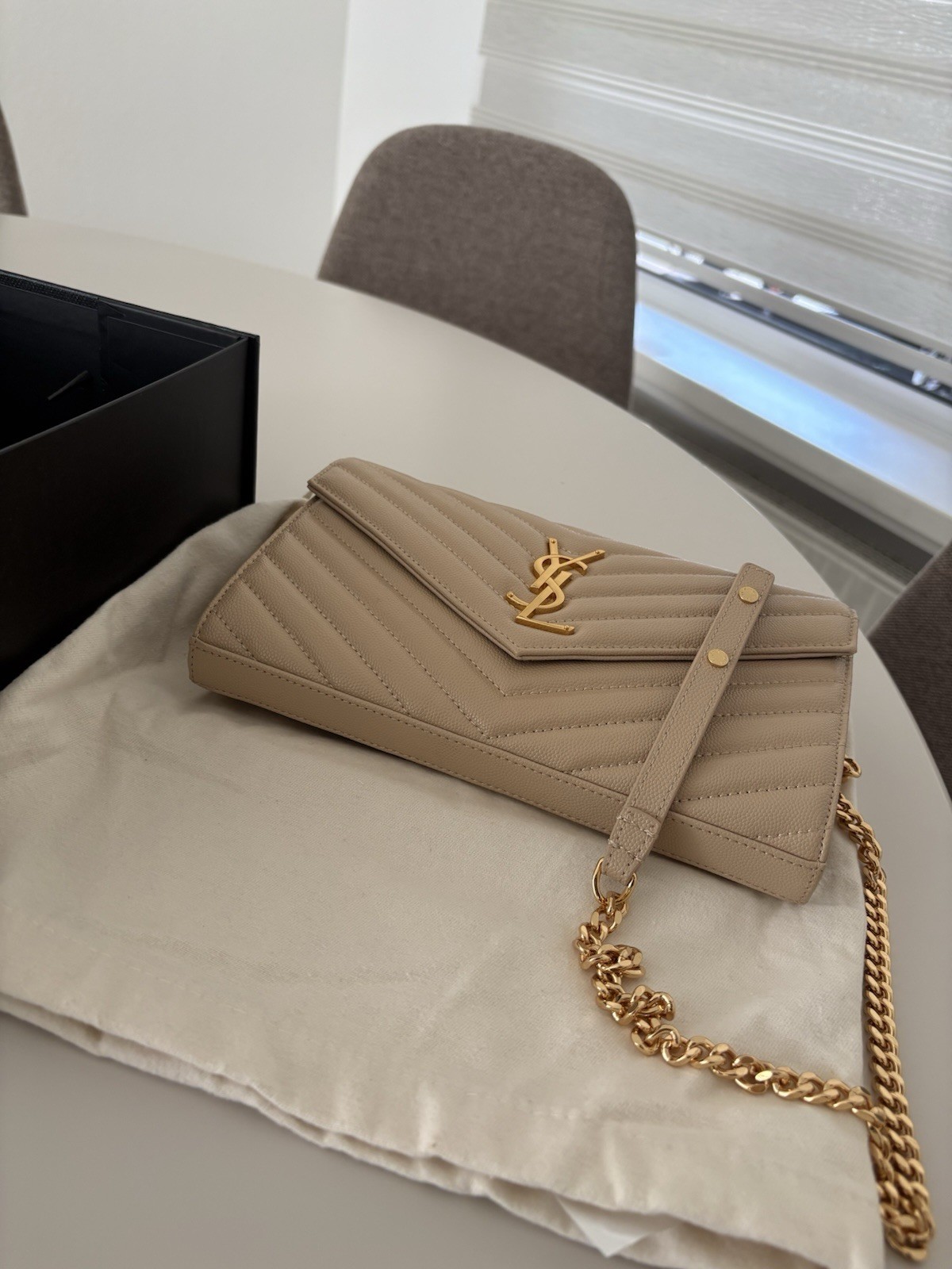 Saint Laurent Beige Envelope Chevron Quilted Logo Gold Chain Bag w/Box Dust