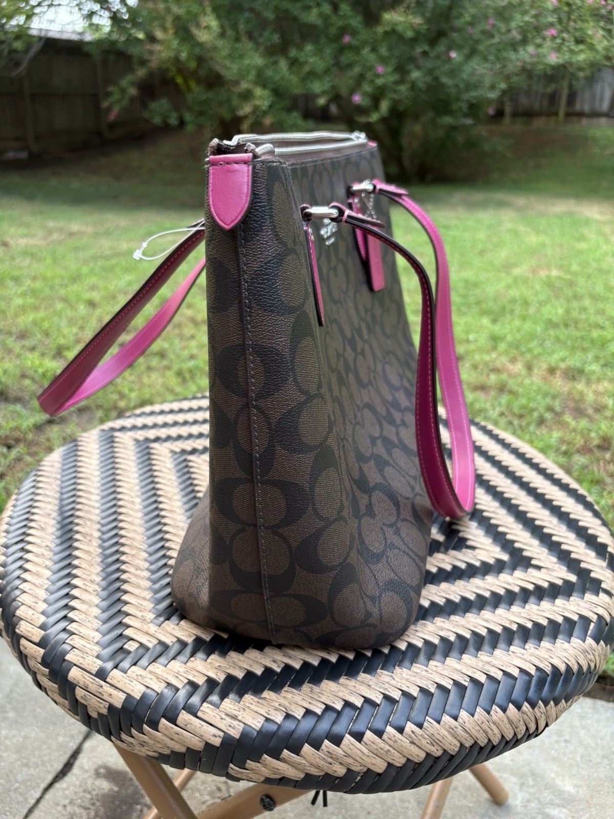 Coach Signature Logo Brown Pink Zip Top Tote Shoulder Bag Charm Silver Hardware