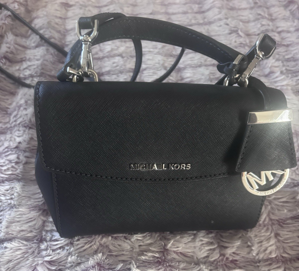 Michael Kors Black Crossbody Bag Silver Hardware Logo Zip Magnetic Detach Strap