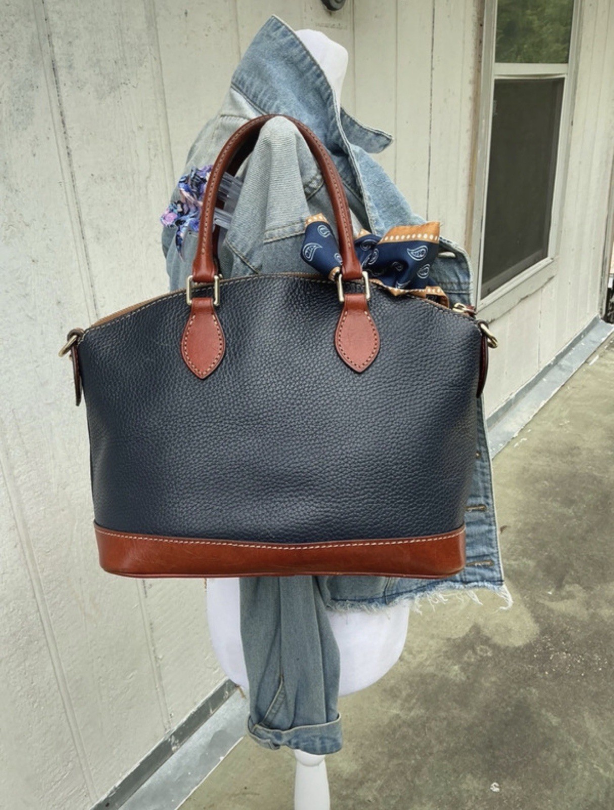 Dooney & Bourke Navy Brown Pebbled Satchel Top Handle Zip Gold Red Lined Charm