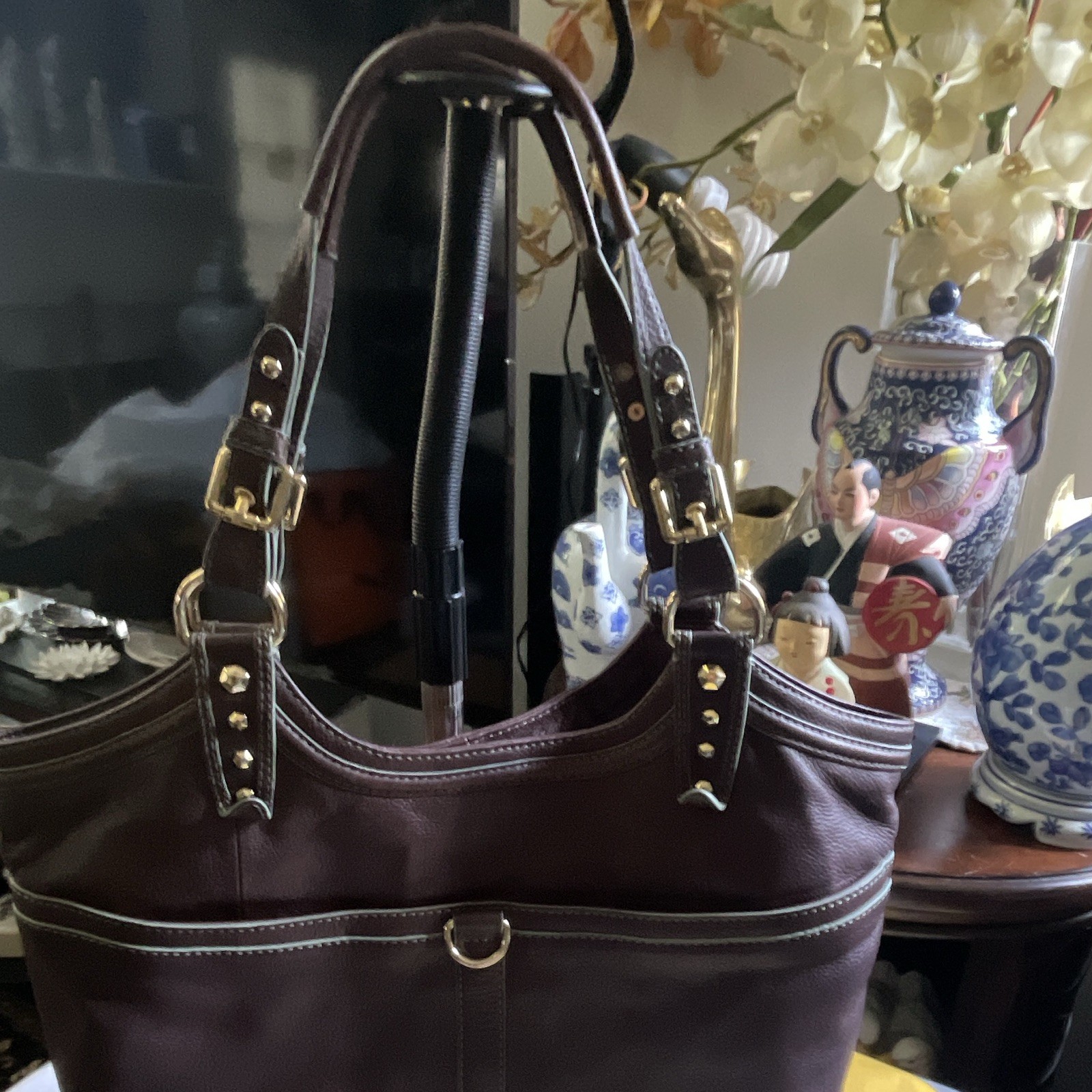 orYANY Brown Pebbled Shoulder Bag Detachable Strap Zip/Magnetic Pockets Gold