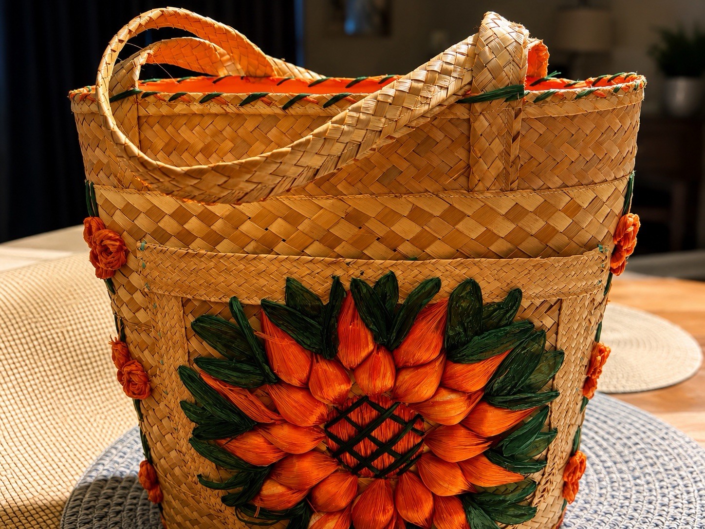Vintage Sunflower Floral Tote Handbag Double Handles Natural Orange Green