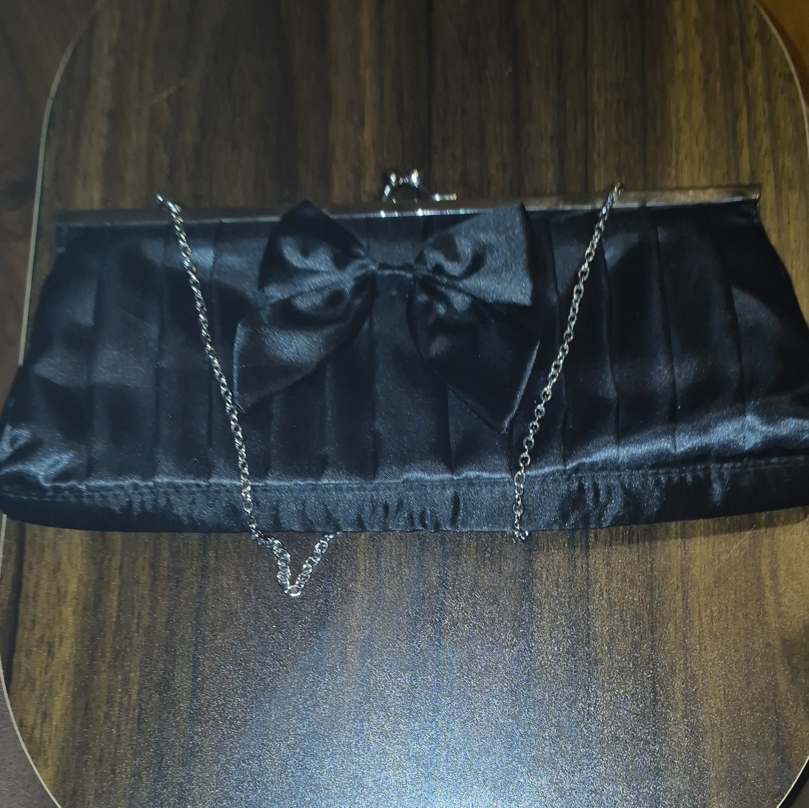 Charlotte Russe Black Clutch, Bow & Pleated Accents, Chain Strap, Clasp
