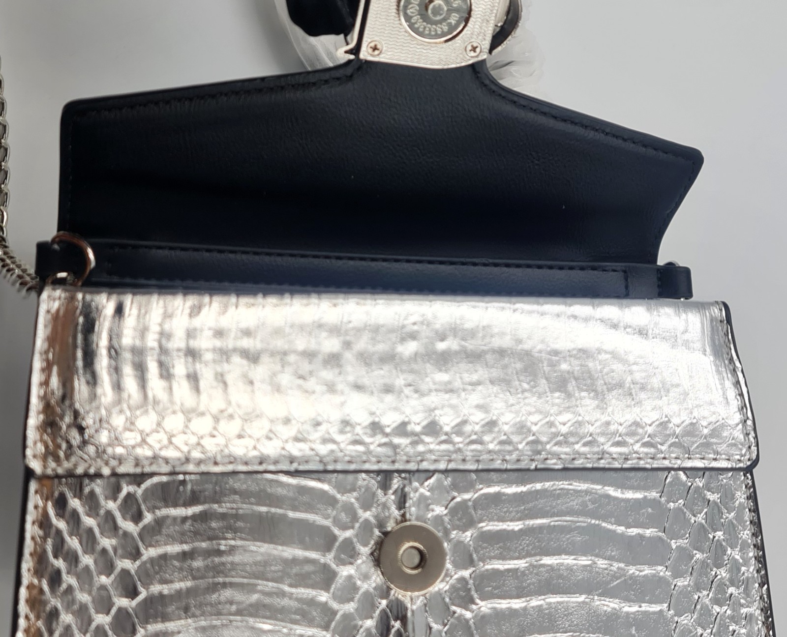 Silver Metallic Snake Embossed Chain Shoulder Crossbody Evening Bag