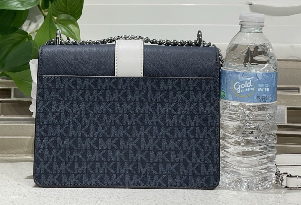 MICHAEL KORS GREENWICH SMALL FLAP CROSSBODY NAVY BLUE WHITE MK CHAIN BAG ADMIRAL
