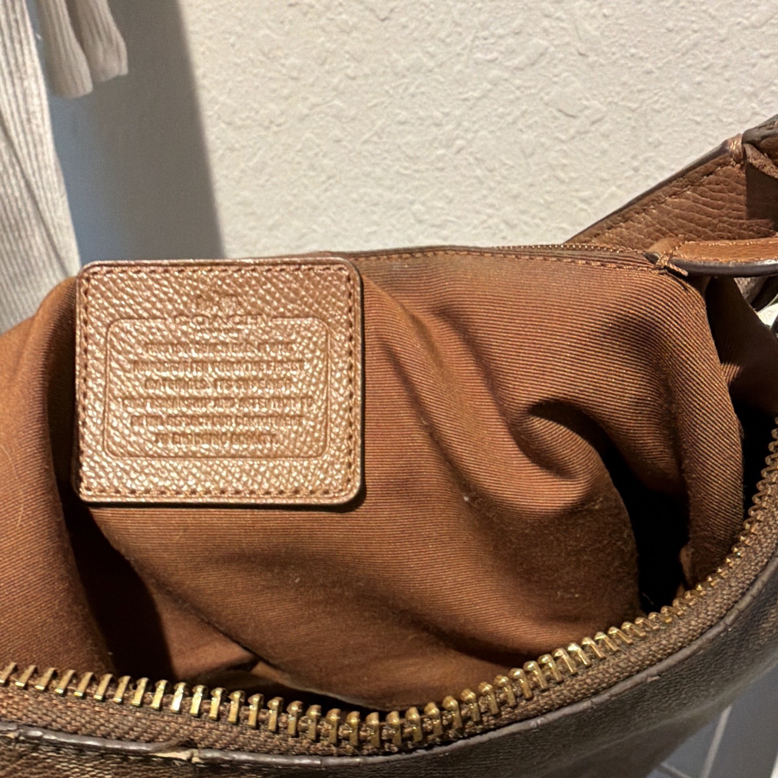 Coach Signature Brown/Beige Zip Crescent Shoulder Bag w/ Leather Shoulder Strap