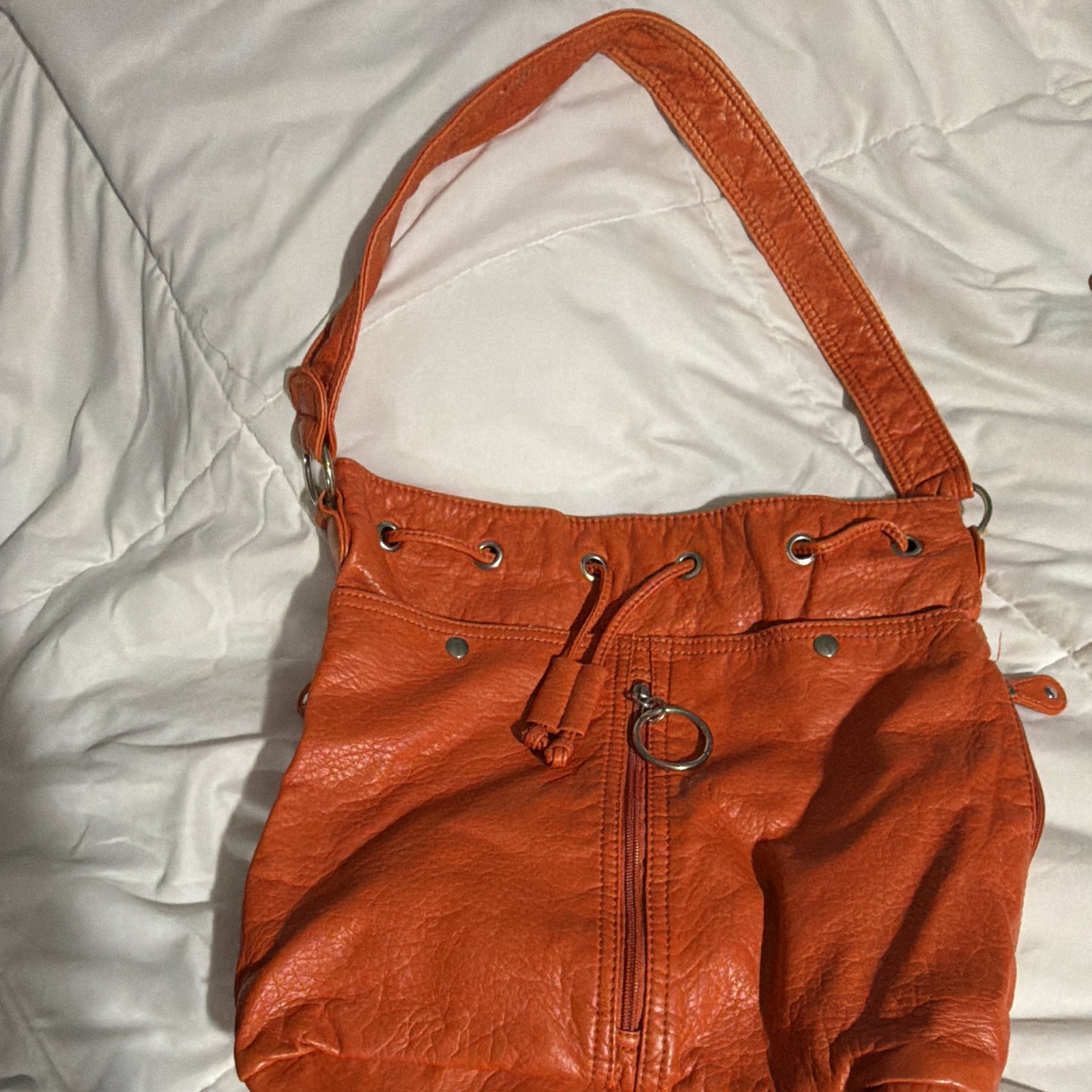 Bueno Women’s Orange Pebbled Crescent Shoulder Bag Drawstring Zip Pockets
