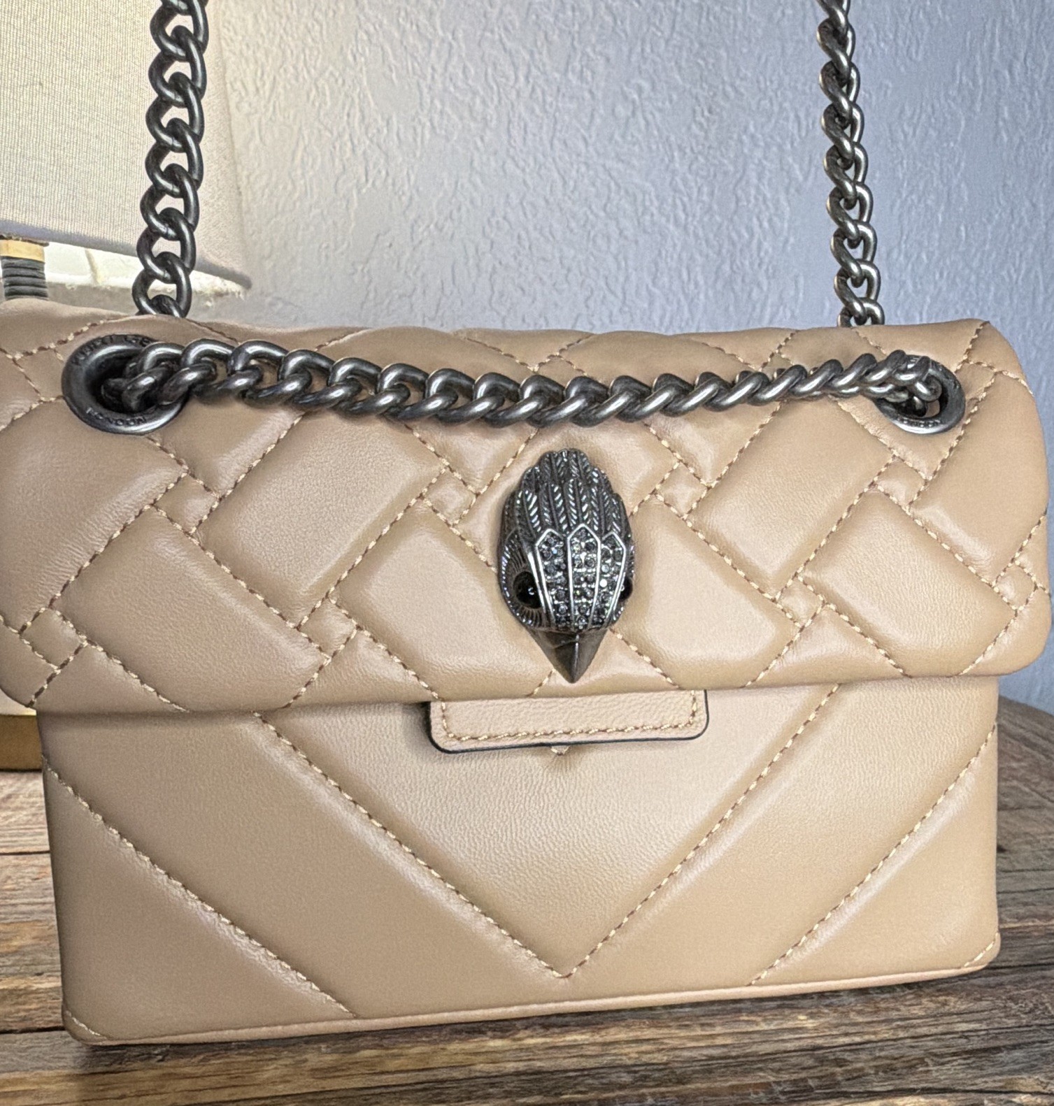 Kurt Geiger Kensington Small Beige Quilted Shoulder Bag Chain Strap Eagle Clasp
