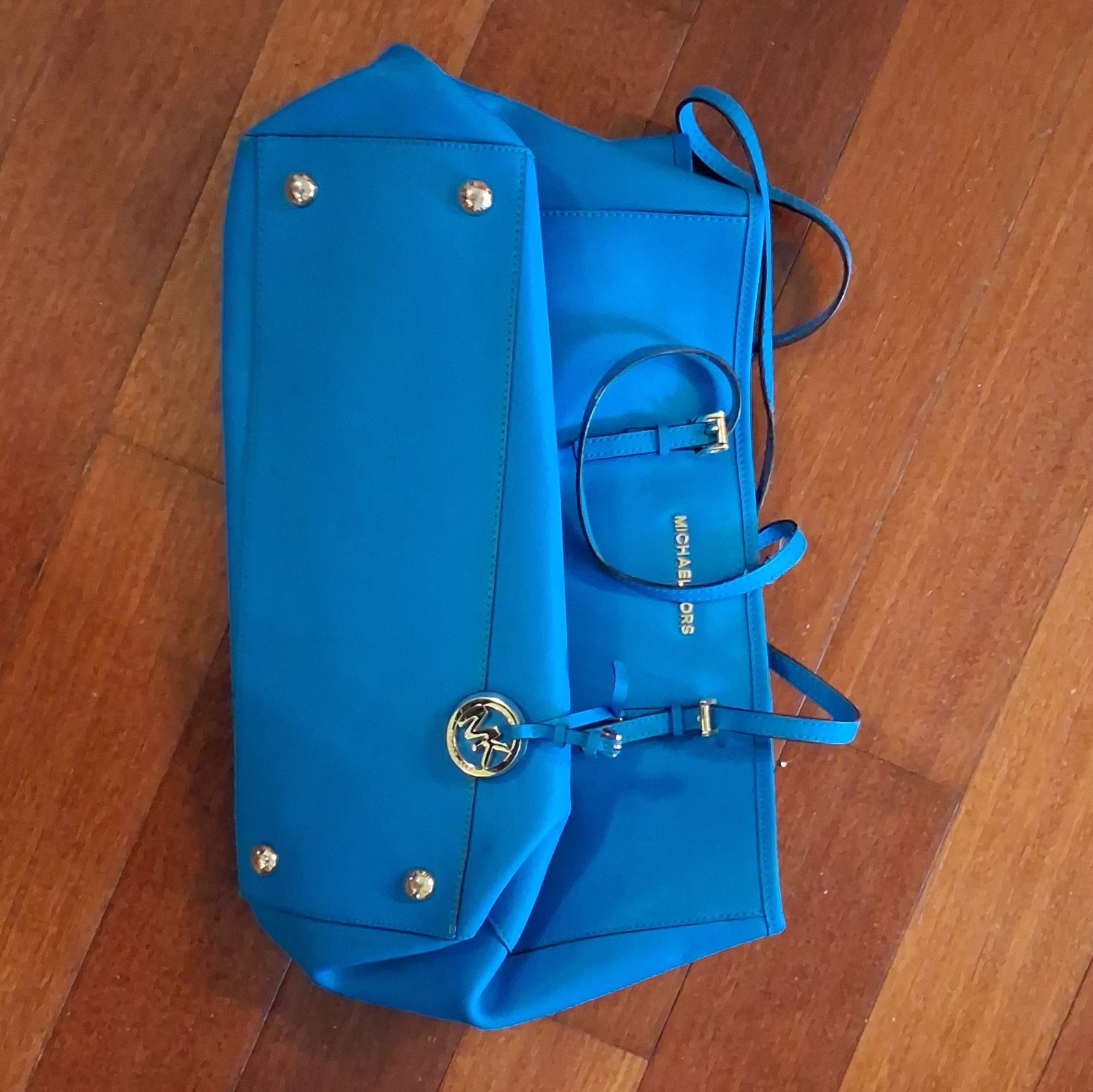 Michael Kors Blue Saffiano Leather Jet Set Travel Top Zip Tote Bag Gold Hardware