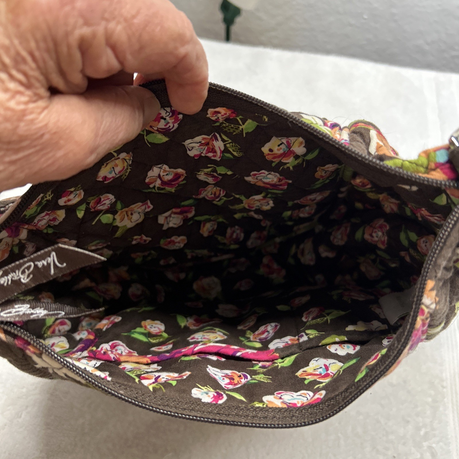 Vera Bradley Crossbody Purse English Rose Pattern Quilted Floral Brown Pink