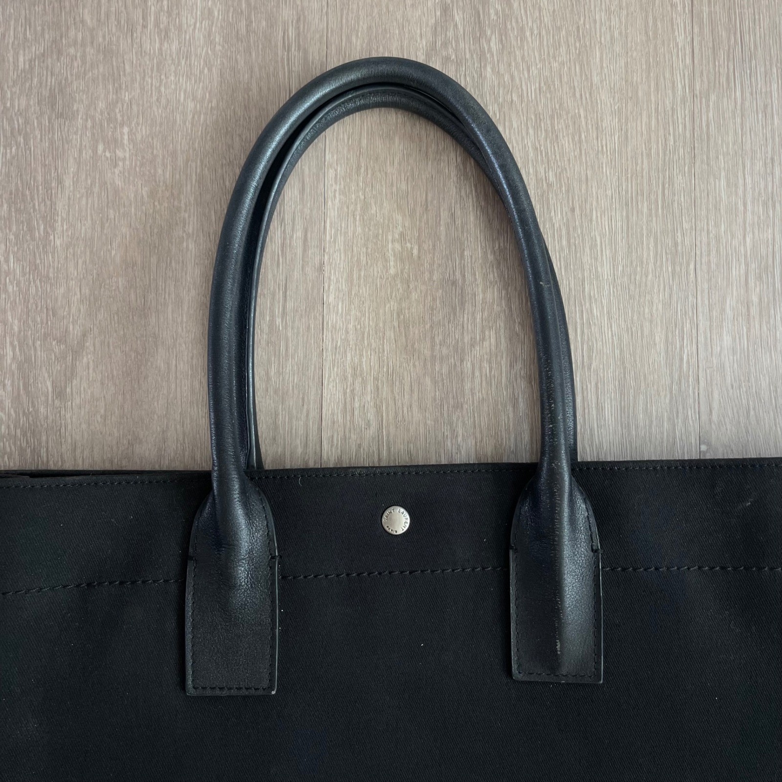 Saint Laurent Rive Gauche Tote Bag Large Black Canvas Leather Logo Chic Carryall