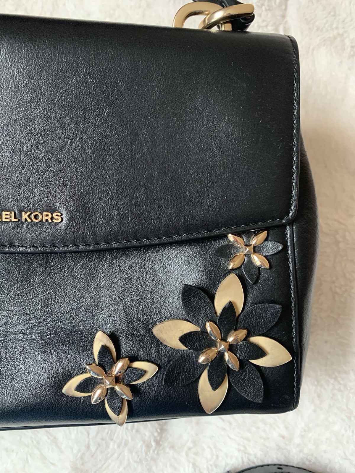 Michael Kors Ava Medium Black Floral Studded Top Handle Bag Detachable Strap