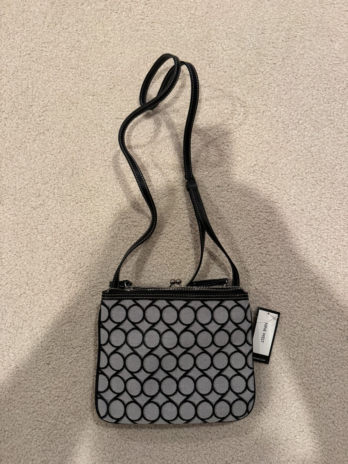 Nine West Womens Blk/Beige Fabric Faux Leather Shoulder Crossbody Bag NEW