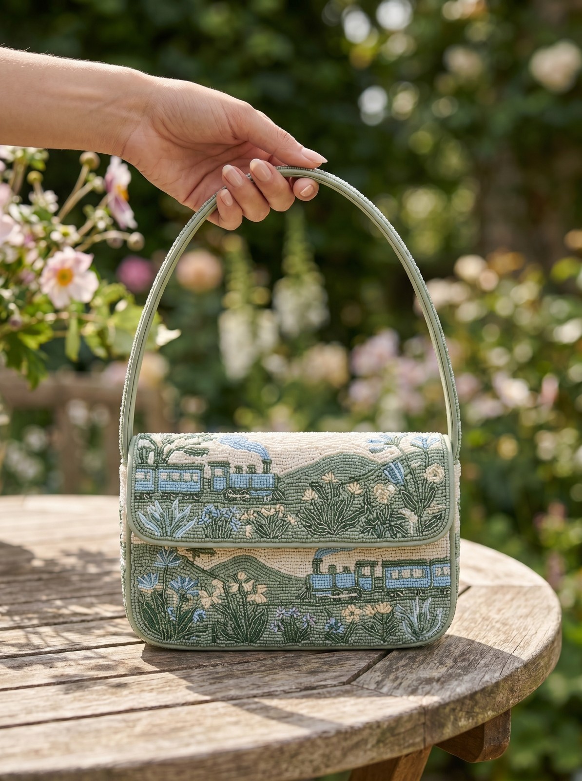 Vintage Style Train Beaded Shoulder Bag Green Landscape Countryside Flap Purse