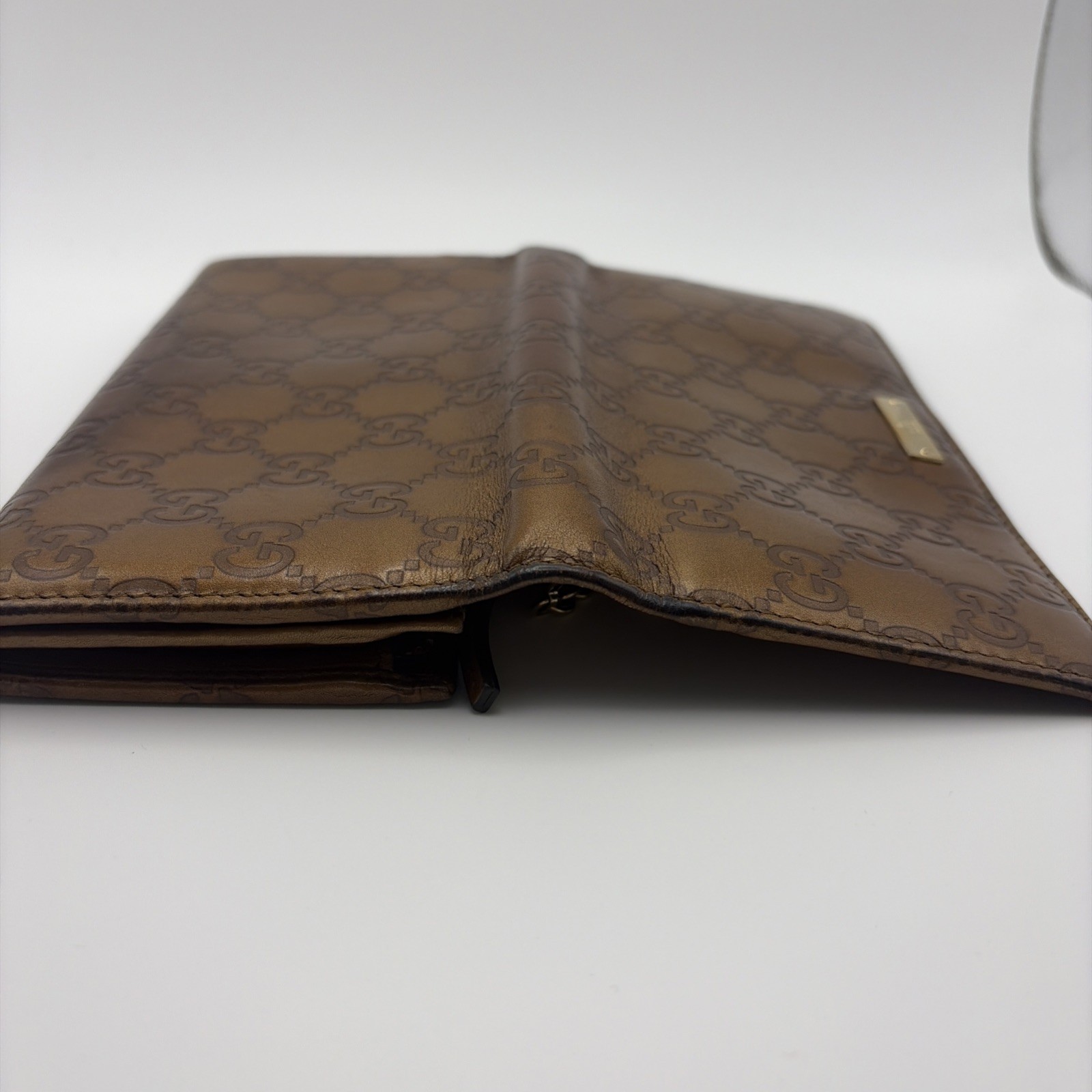 Gucci 170426 light brown leather long wallet and gold chain shoulder bag