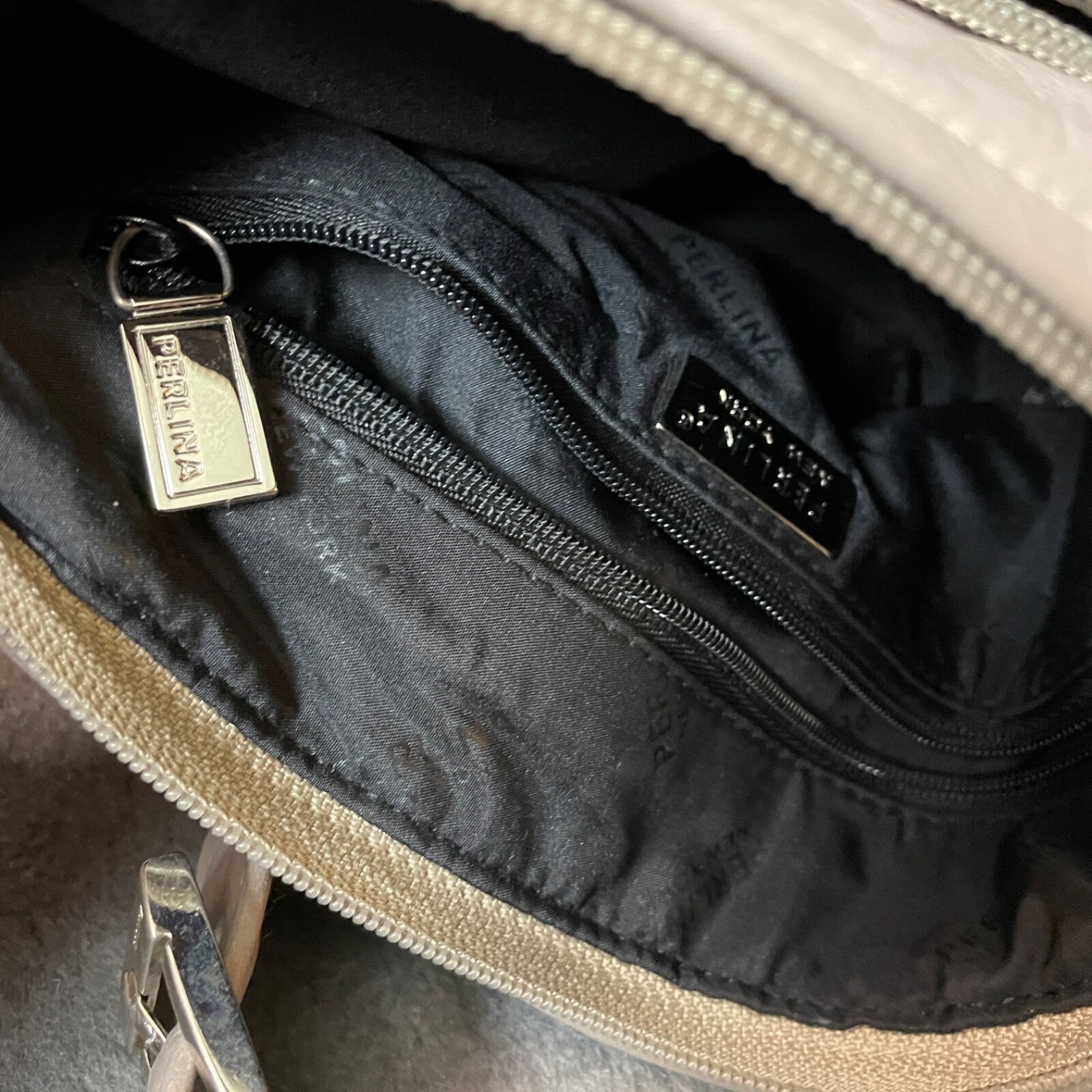 Perlina New York Womens Crossbody Handbag Gray Zip Close Outside Zip Leather