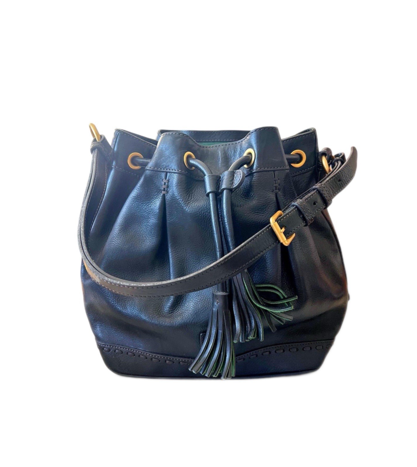 Dooney & Bourke Black Bucket Shoulder Bag, Drawstring, Tassel, Gold Hardware