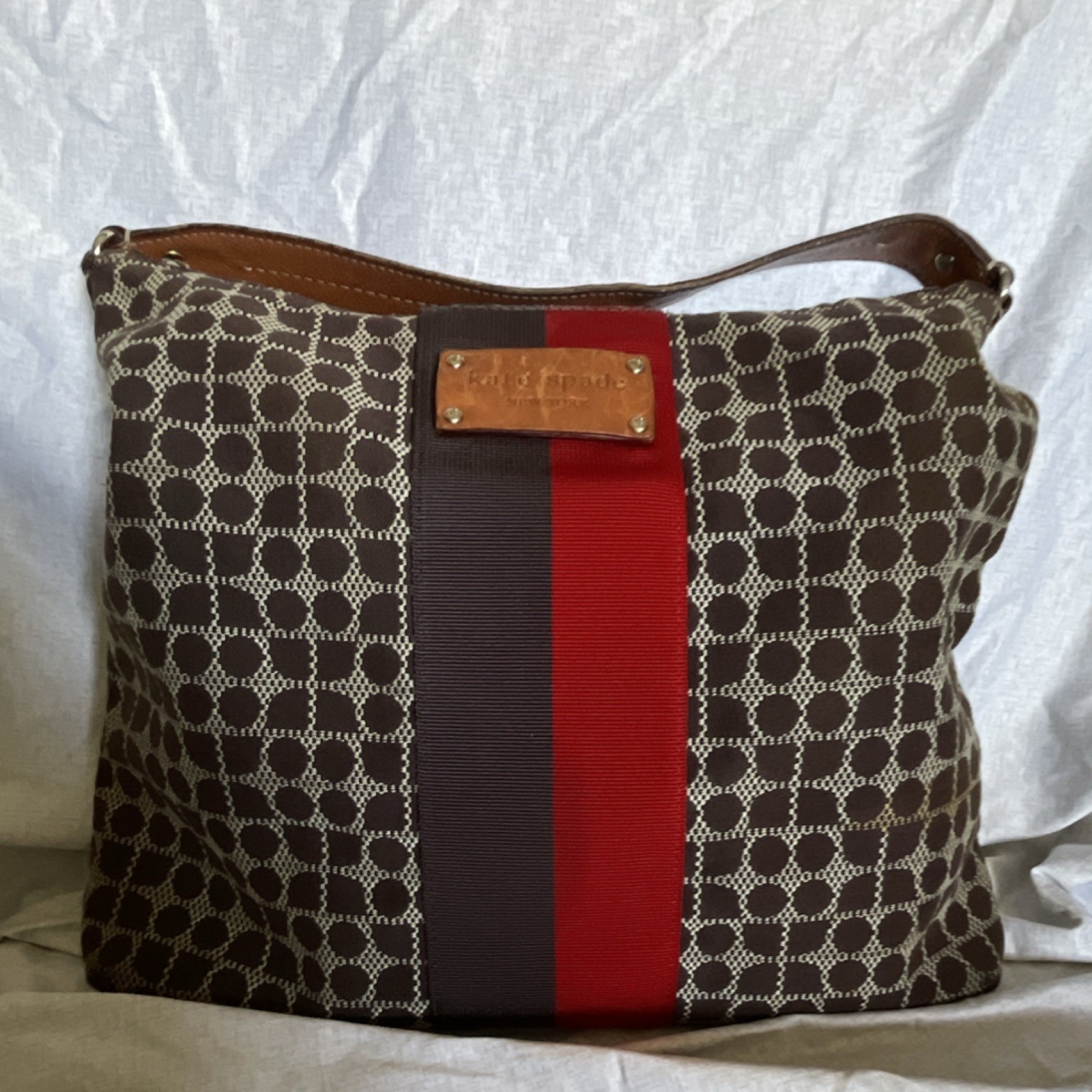 Kate Spade New York Brown Geometric Shoulder Bag with Red Stripe, Leather Trim