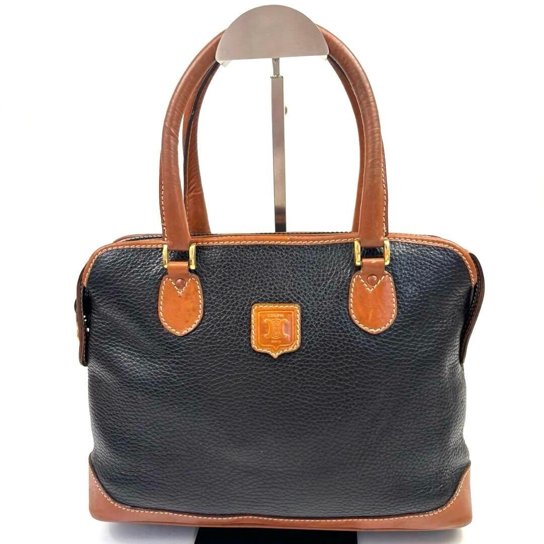 CELINE Triomphe Black Brown Leather Pebbled Handbag Double Handle 28cm 21cm