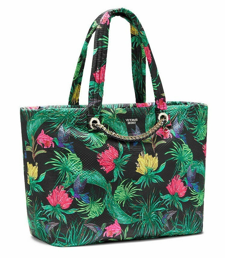 VICTORIA’S SECRET Weekender Tote Black Palm Zip Top Gold Chain Accent Birds New