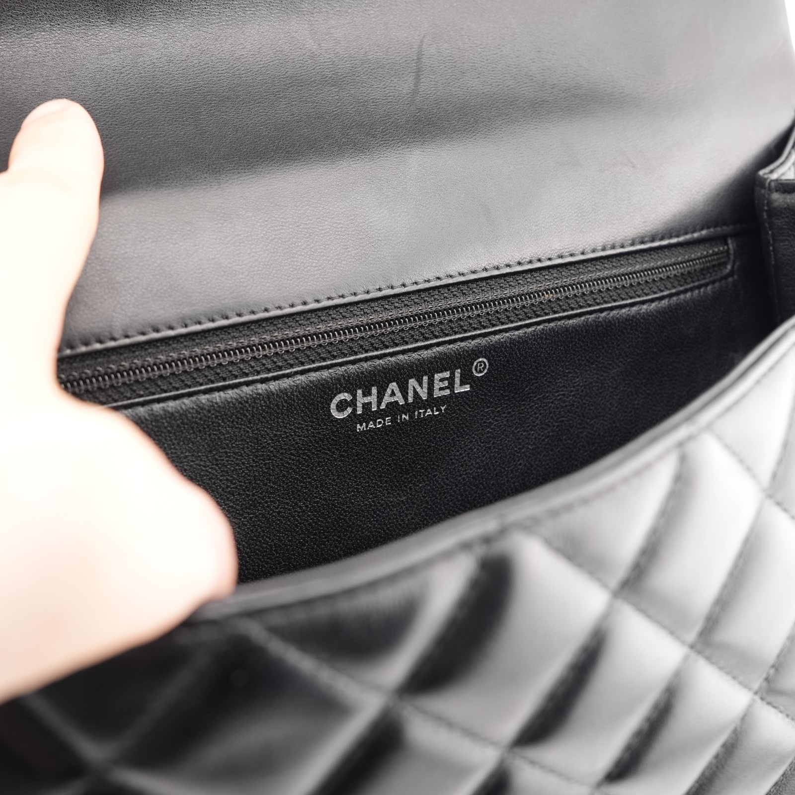Chanel Quilted Lambskin Leather Black Top Handle Bag Silver Tone