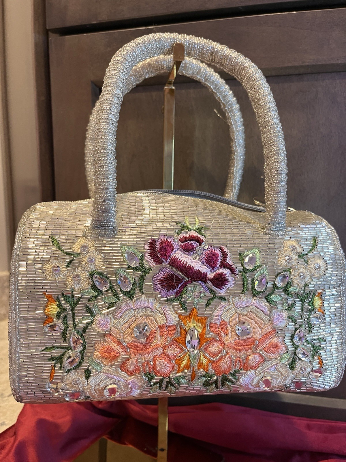 Rare Beaded Embroidered Floral Handbag with Rhinestones Multicolor