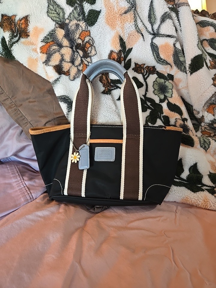 Coach Mini Hampton Tote Black Brown Blue Nylon Leather Accents