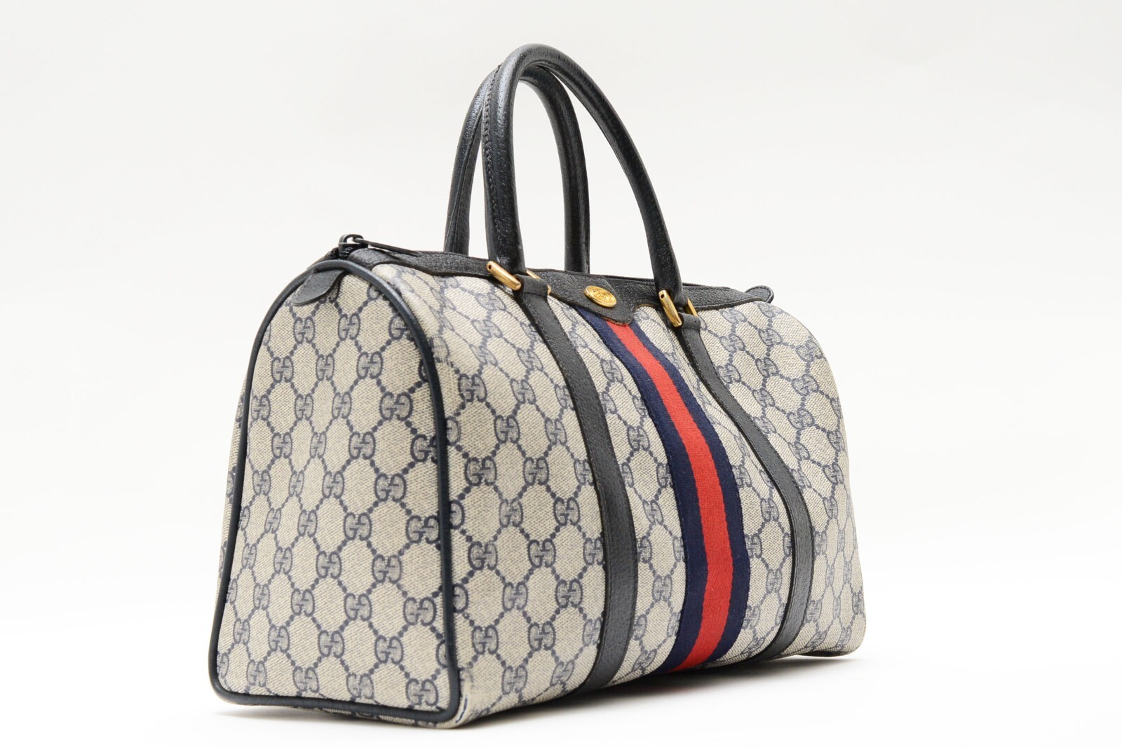 Vintage GUCCI [Rank AB] Sherry Line Boston Bag HandBag GG PVC Leather Navy Auth