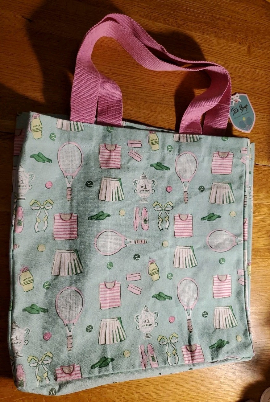 Women’s Tennis Pink & Green Cotton Canvas Reusable Tote Bag 14×15