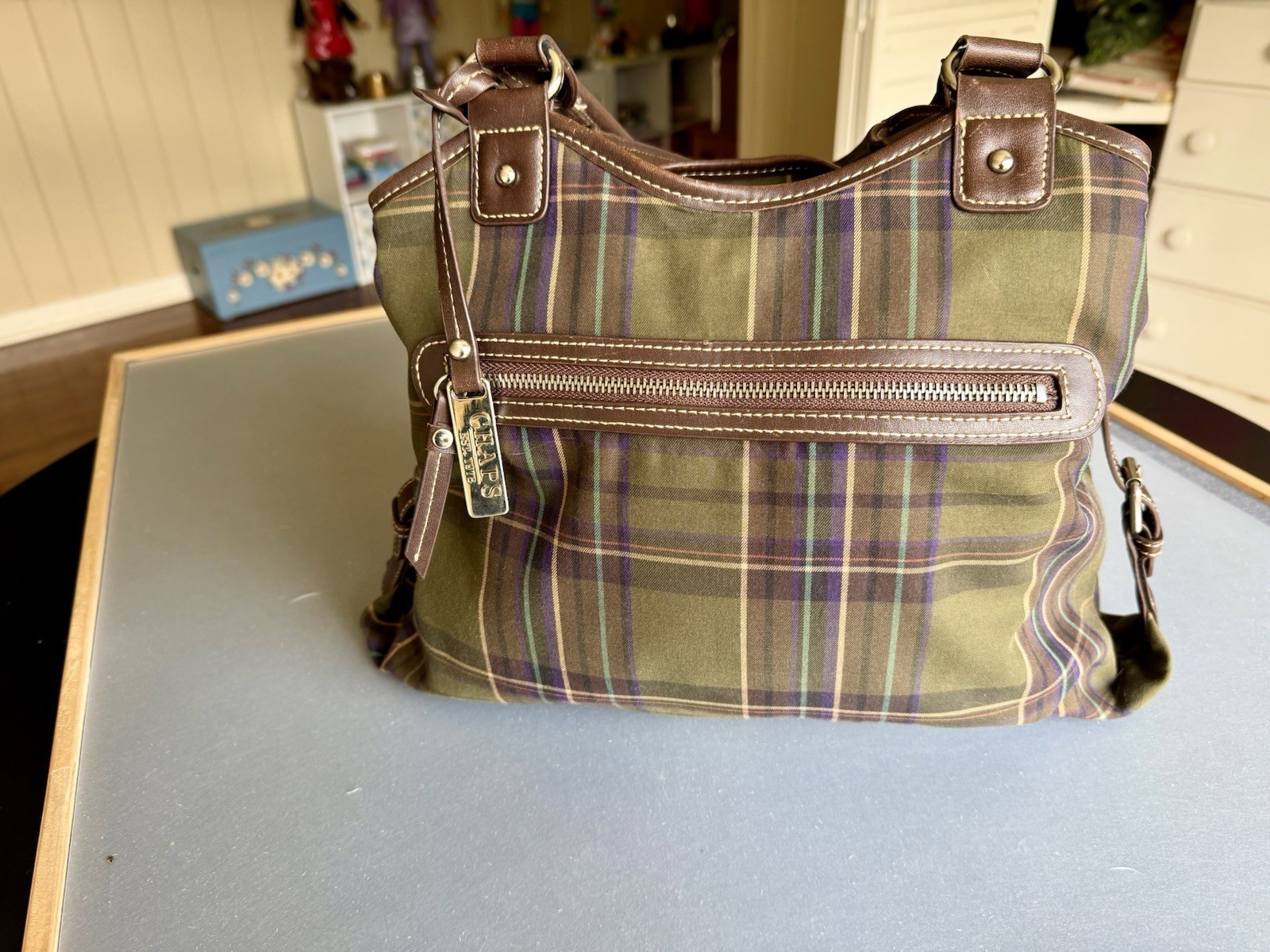 Chaps Ralph Lauren RL Brown Leather Bucket Hobo Tote Bag