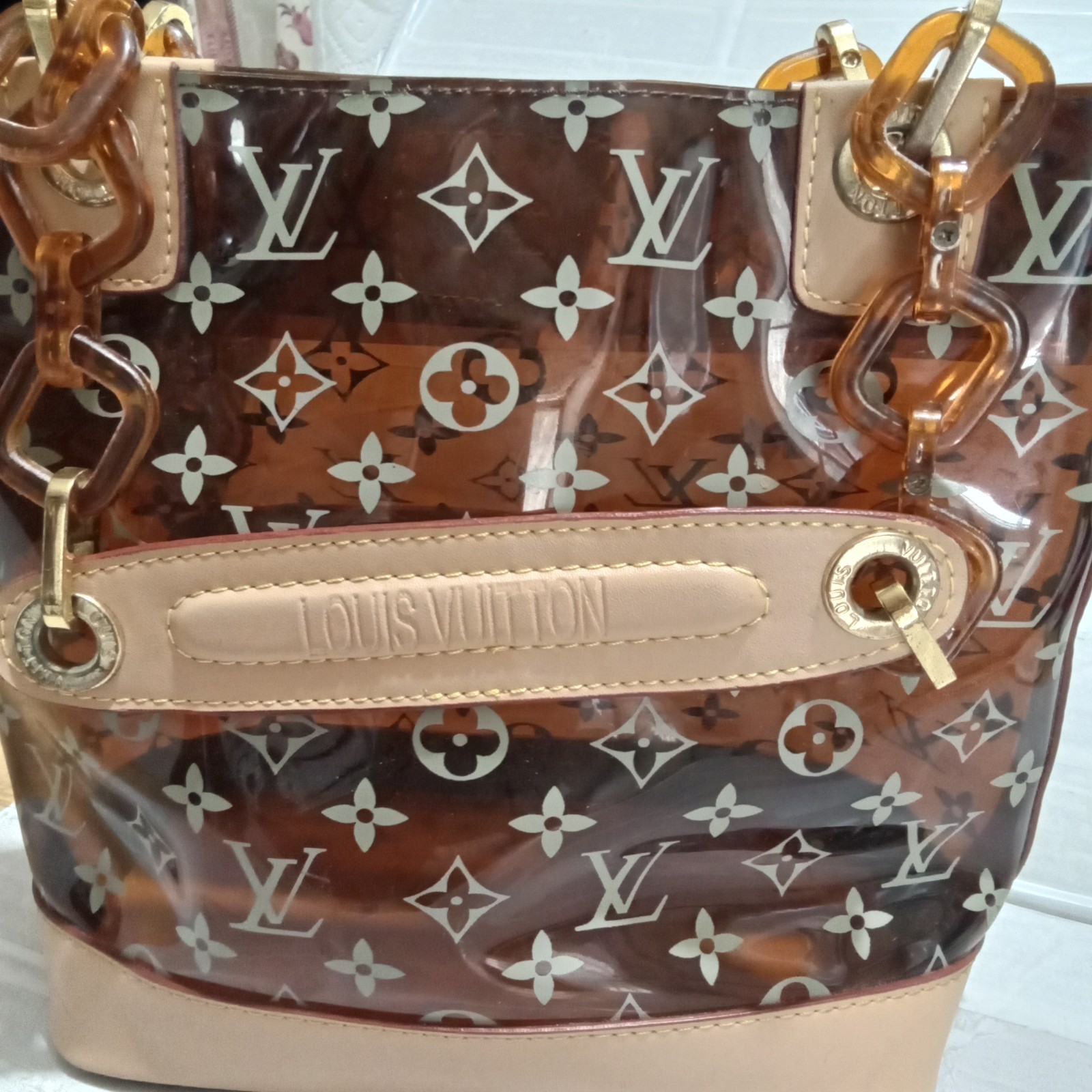 LOUIS VUITTON Brown Clear Vinyl Cabas Tote Bag Monogram