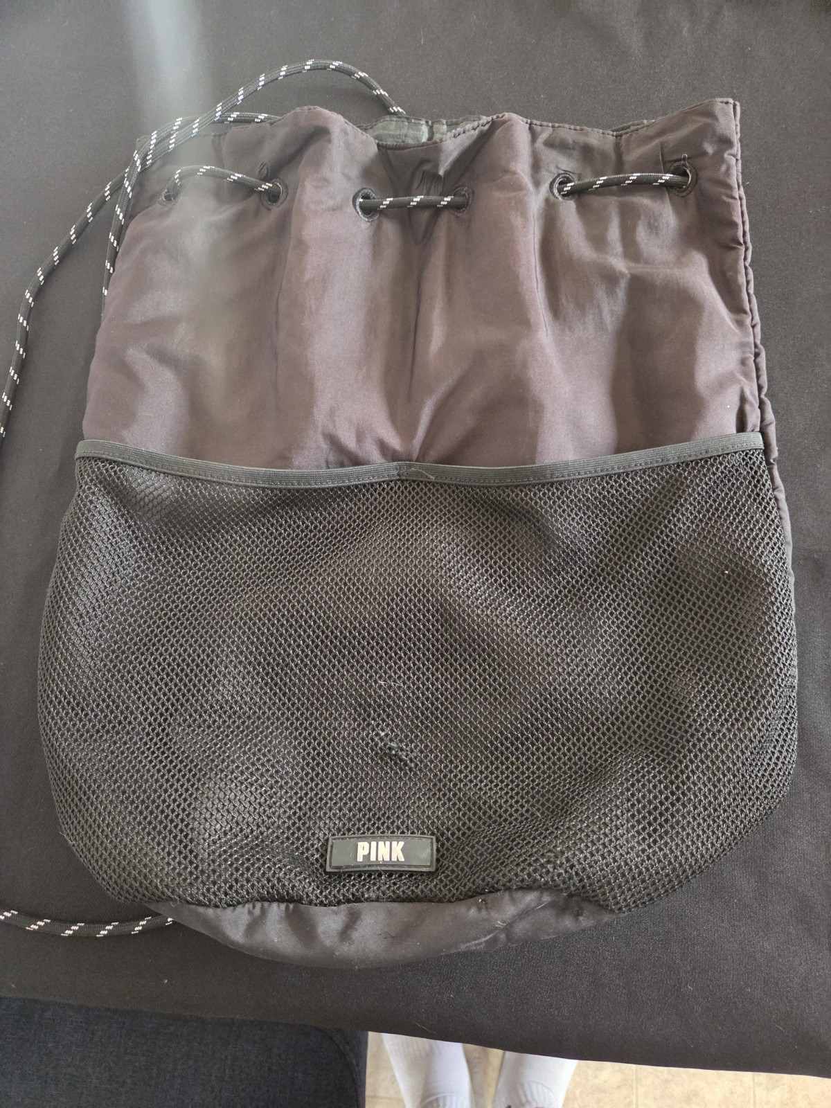 PINK Black Bucket Drawstring Bag w/ Mesh Outer Pocket, Logo, Shoulder Strap